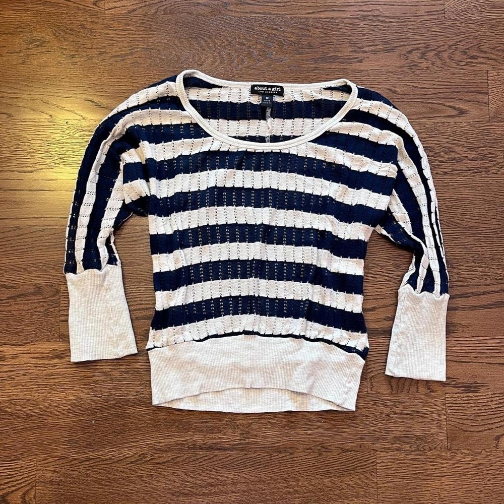 Y2K Navy Blue Cream Striped‎ Open Weave Bat Wing Sweater Medium